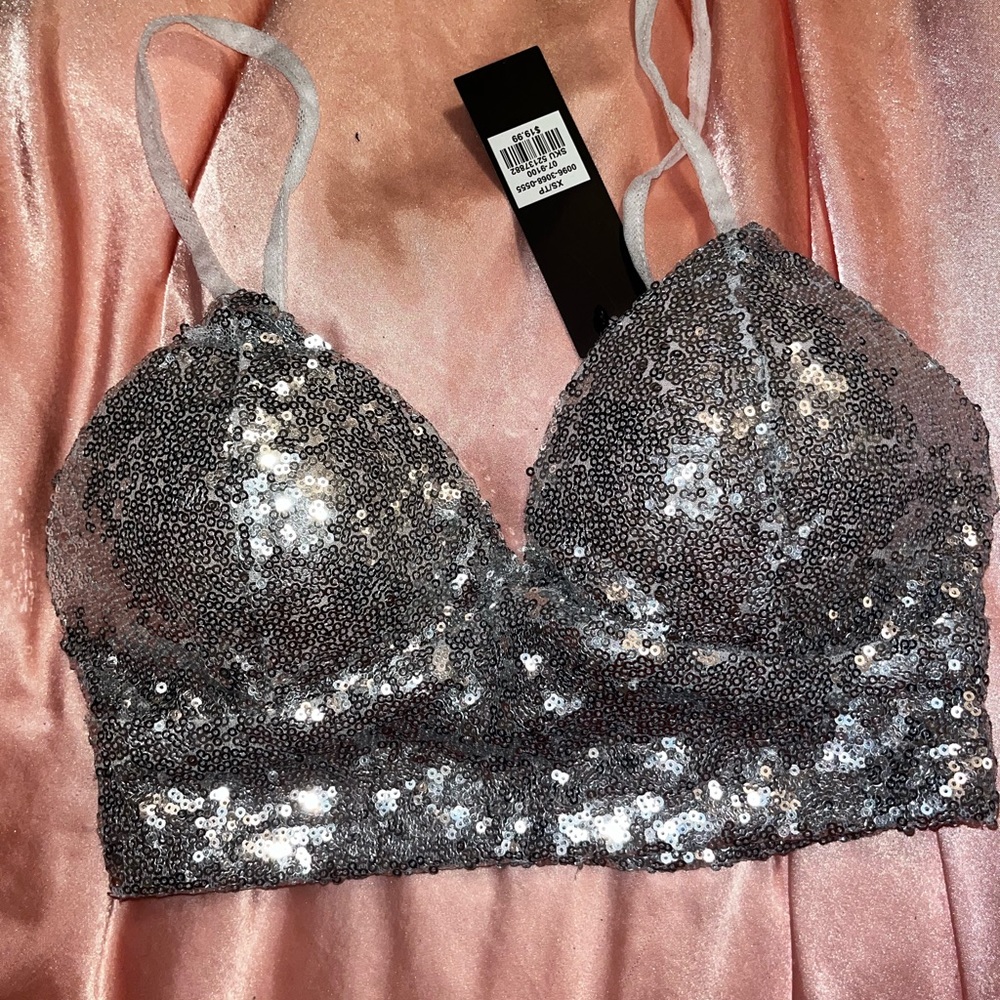 Silver Sequin Spaghetti Strap Top NEW